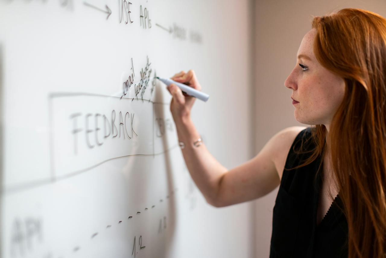 vrouw schrijft op whiteboard